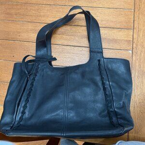 Lucky Brand Black Leather Tote Bag | Braided Leather & Fringe | Multi-Pocket